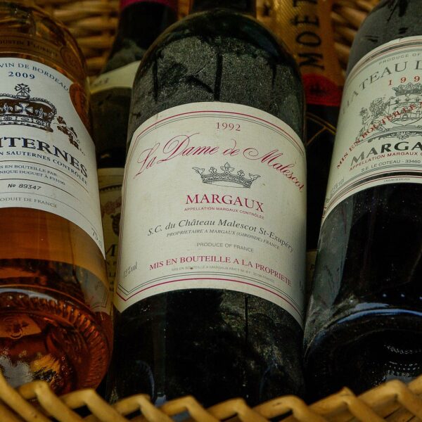 Bottles of Bordeaux Sauternes and Château Margaux wines