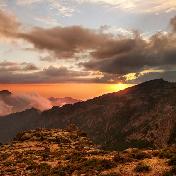 sunset over corsica mountains in France