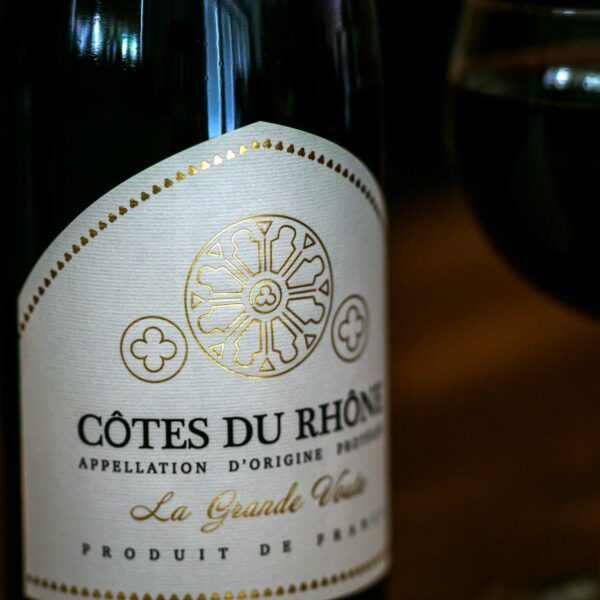 A bottle of Cotes du Rhone wine from the Rhone Valley, France